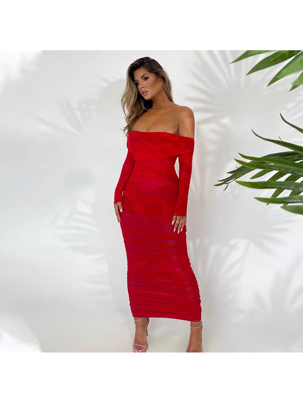 Off Shoulder Ruched Slit Midi Dress