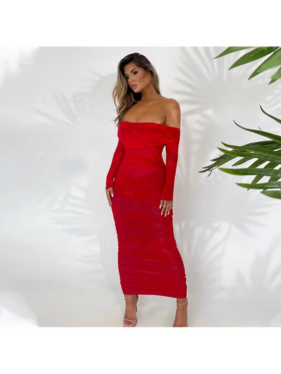 Off Shoulder Ruched Slit Midi Dress