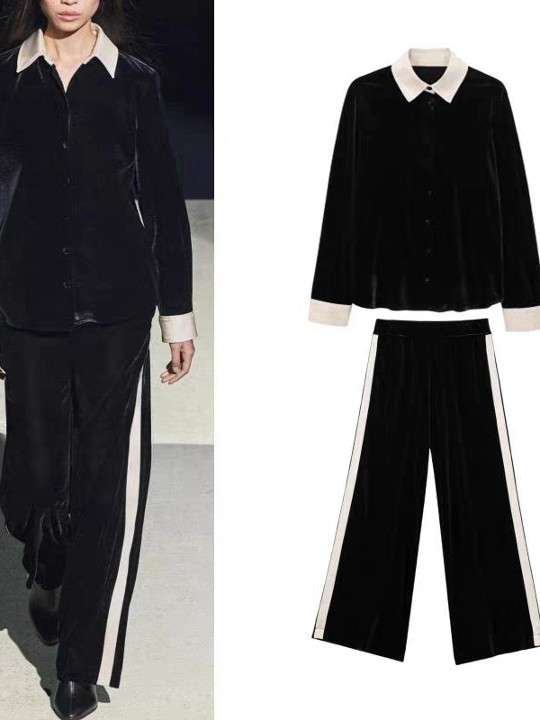 Velvet Shirt & Wide Leg Pants Coord Set