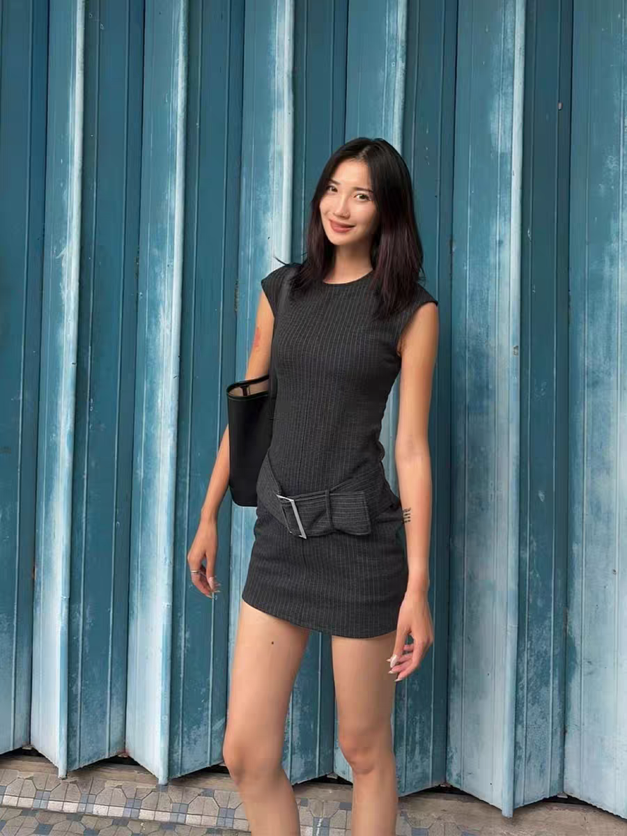 Striped/ Plain/ Chequered Print Short Belt Sleeveless Dress