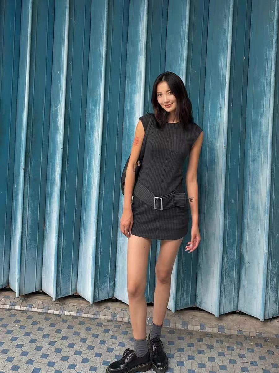 Striped/ Plain/ Chequered Print Short Belt Sleeveless Dress