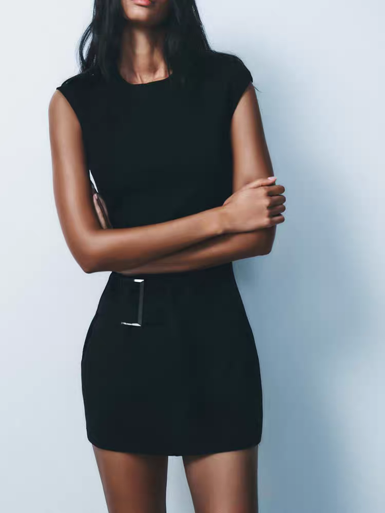 Striped/ Plain/ Chequered Print Short Belt Sleeveless Dress