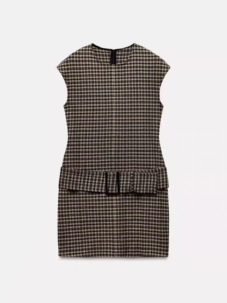 Striped/ Plain/ Chequered Print Short Belt Sleeveless Dress