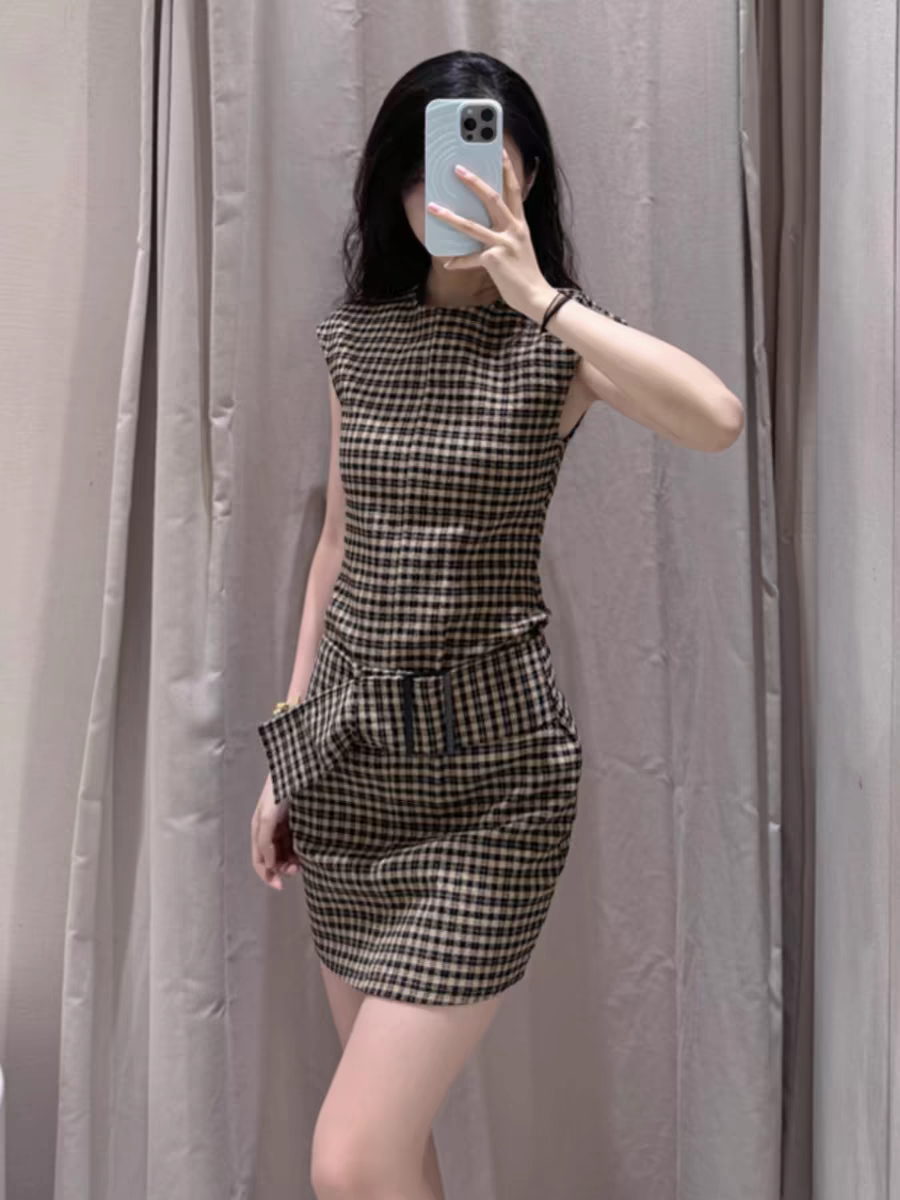 Striped/ Plain/ Chequered Print Short Belt Sleeveless Dress