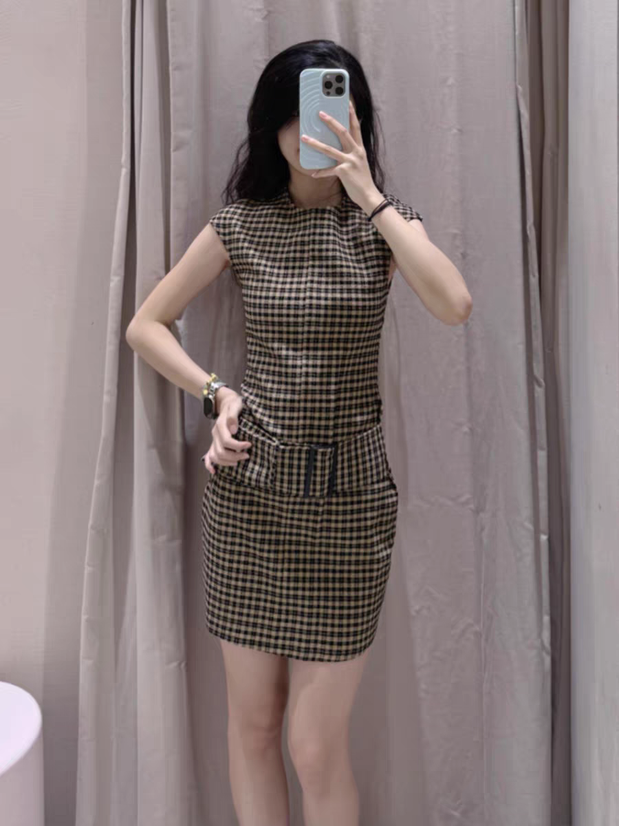 Striped/ Plain/ Chequered Print Short Belt Sleeveless Dress