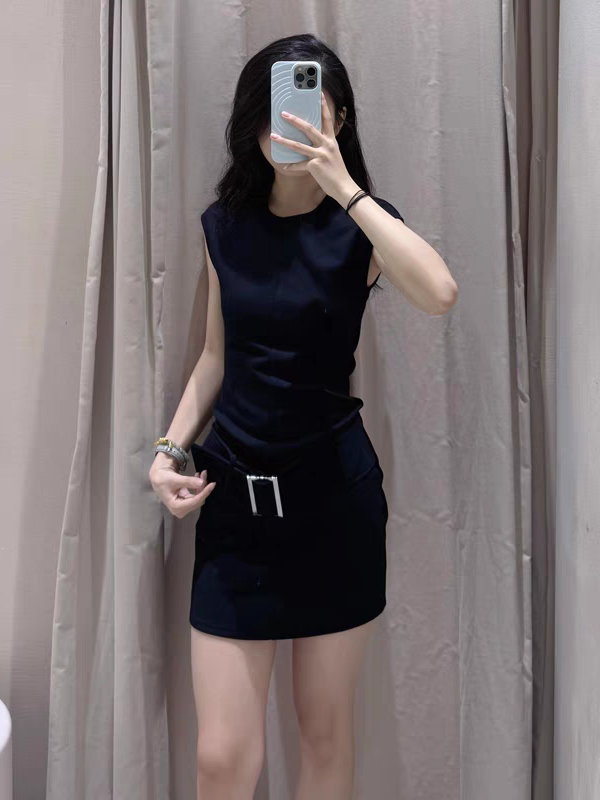 Striped/ Plain/ Chequered Print Short Belt Sleeveless Dress