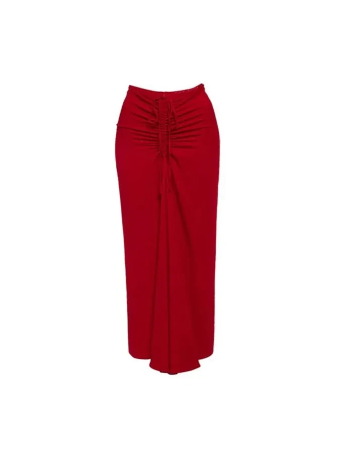 Crimson Drape Halter Swimsuit & Ruched Maxi Skirt Set