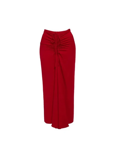 Crimson Drape Halter Swimsuit & Ruched Maxi Skirt Set