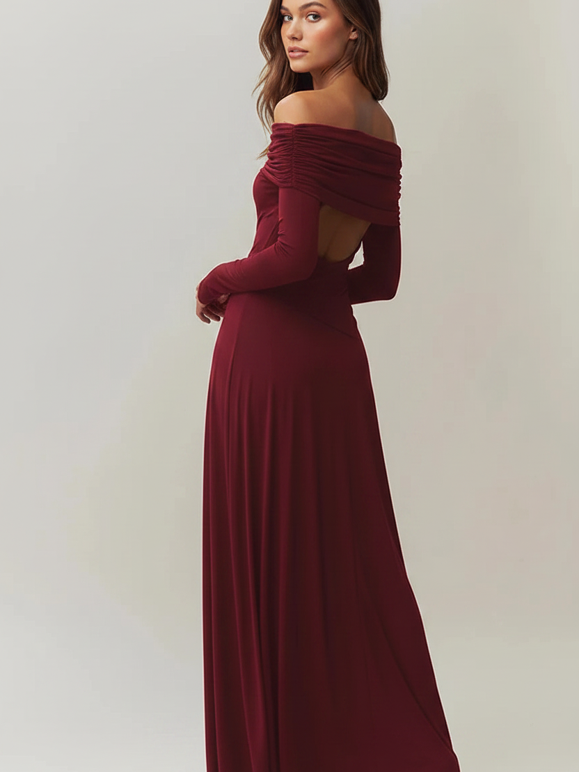 Off-shoulder bow-applique slit maxi dress by EXCLUSIVES in burgundy