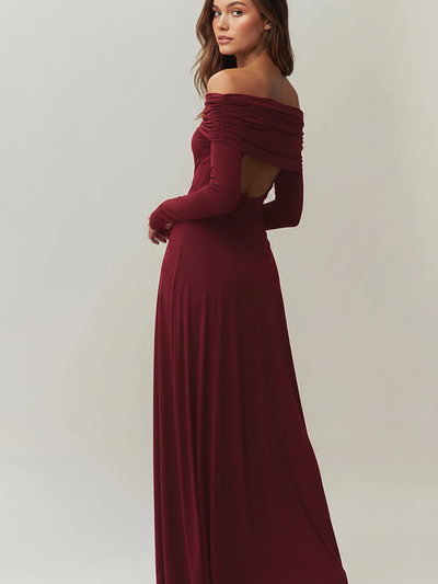 Off-shoulder bow-applique slit maxi dress by EXCLUSIVES in burgundy