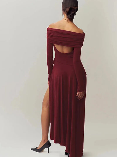 Off Shoulder Bow Applique Slit Maxi Dress