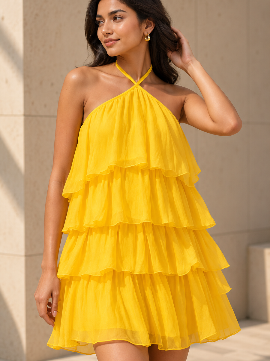 Tiered ruffle halter mini dress in yellow with a criss-cross halter neckline.