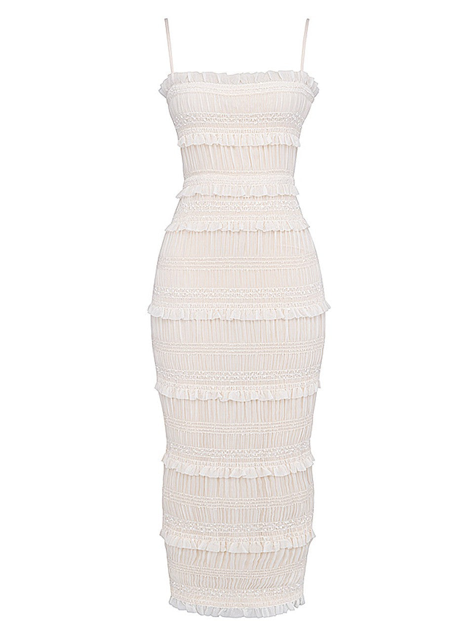 Lace Spaghetti Strap Ruched Shimmer Slit Maxi Dress