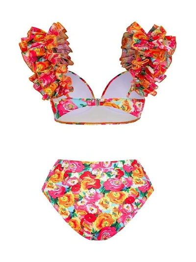 Floral Print Ruffle Bikini Set With Skirt