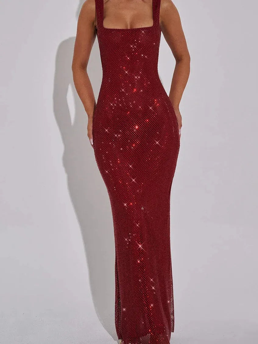 Rhinestone Scoop Backless Embellished Maxi Dress