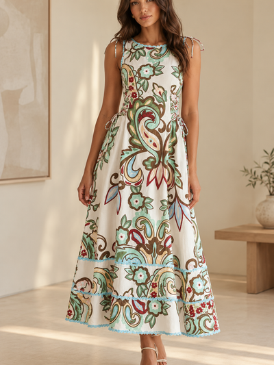 Paisley Garden Sleeveless Maxi Dress by Exclusives, cream base with turquoise, brown and red paisley print