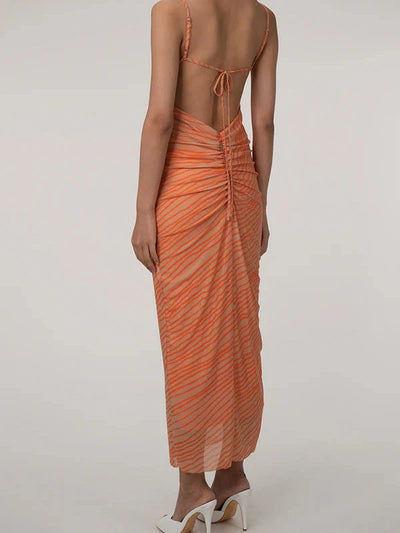 Spaghetti Strap Striped Cowl Neck Backless Dress EXCLUSIVES; orange striped maxi with back tie and ruched center back