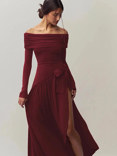 Off Shoulder Bow Applique Slit Maxi Dress