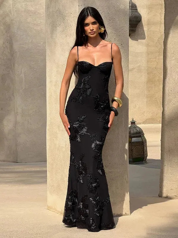3d mesh dress Spaghetti Strap Mesh 3D Applique Plate Floral Sheath Dress