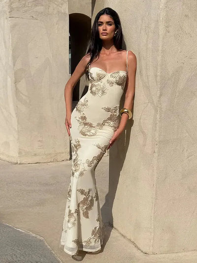 Spaghetti Strap Mesh 3D Applique Plate Floral Sheath Dress