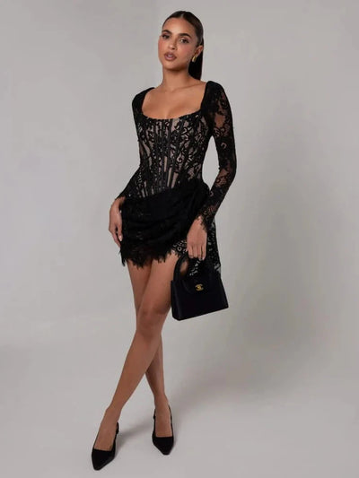 Lace Corset Full Sleeves Ruched Ribbon Short Dress