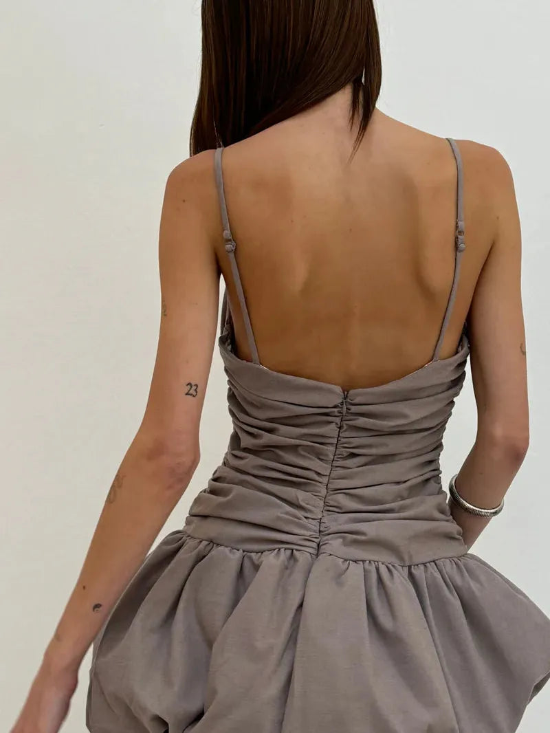 Spaghetti Strap Ruched Bodice Puff Short Dress