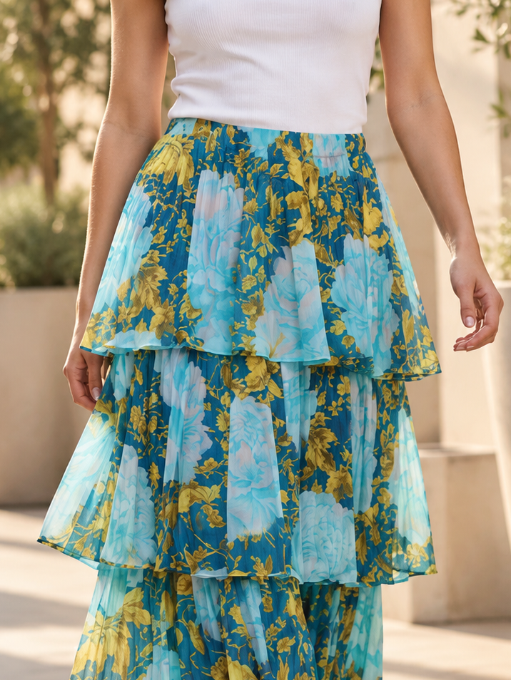 Floral printed tiered georgette maxi skirt in blue and gold tones
