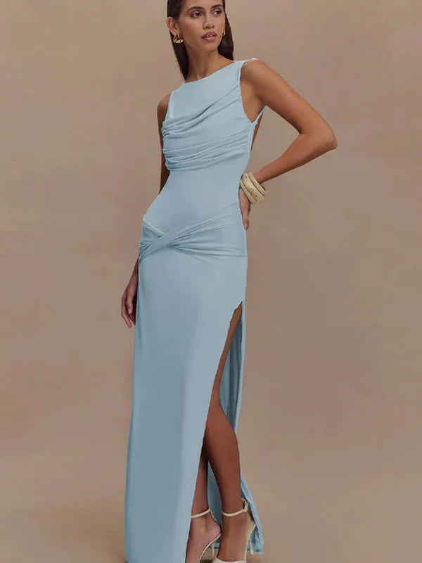 Ruched Backless Sleeveless Maxi Dress