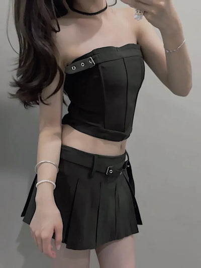 Belted Boning Corset Tube Top & Flare Skirt Coord Set with belt