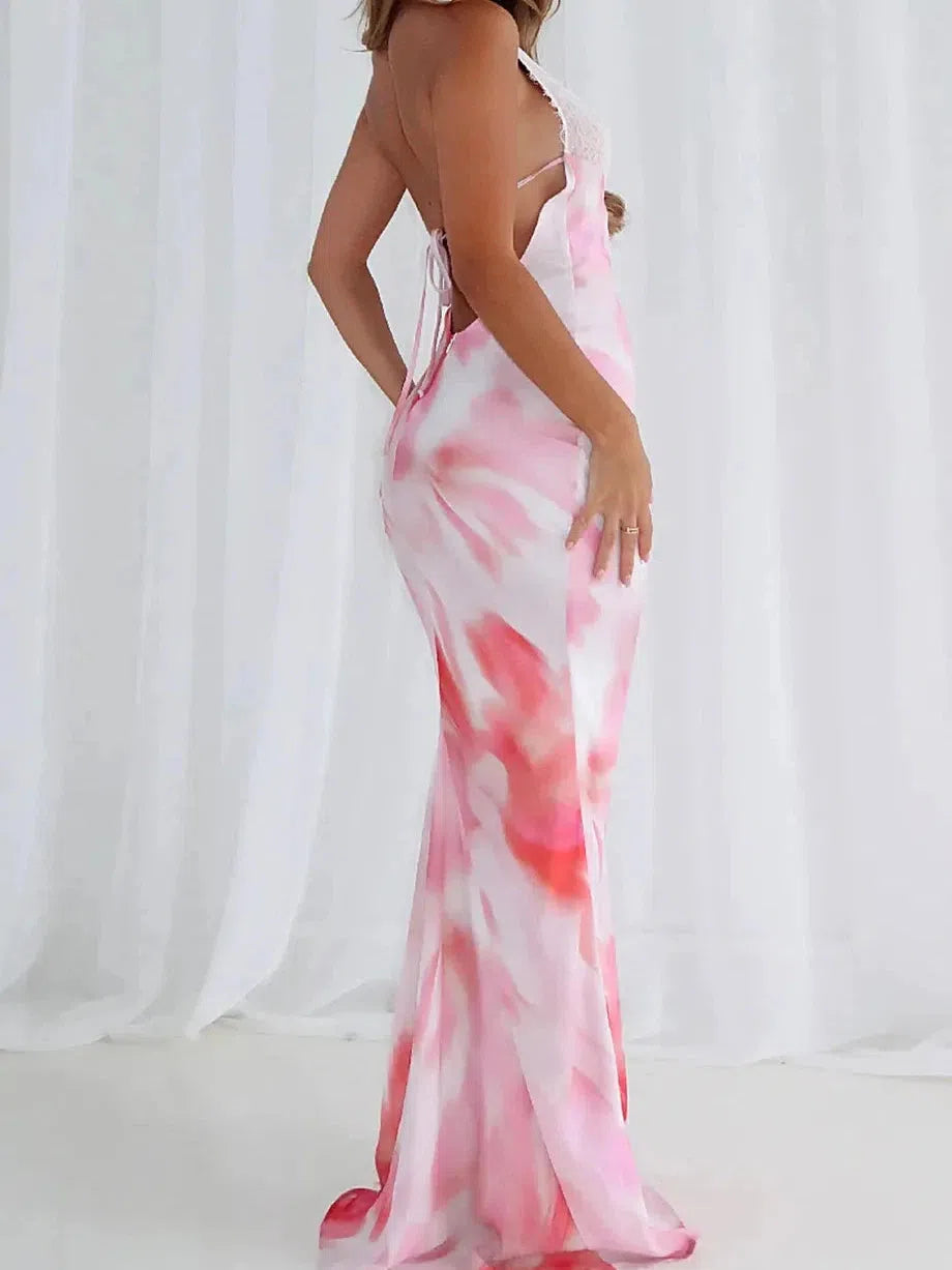 Halterneck Tie-Dye Backless Lace Maxi Dress Halterneck Tie-Dye Backless Lace Maxi Dress