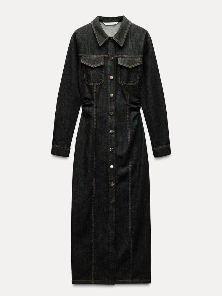 Denim Path Pockets Collared Dress