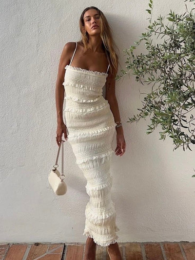 Lace Spaghetti Strap Ruched Shimmer Slit Maxi Dress Lace Spaghetti Strap Ruched Shimmer Slit Maxi Dress