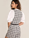 Plaid Tweed Balloon Sleeves Romper With Belt