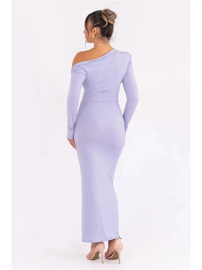 One Shoulder Shimmer Ruched Full Sleeves Maxi Dress