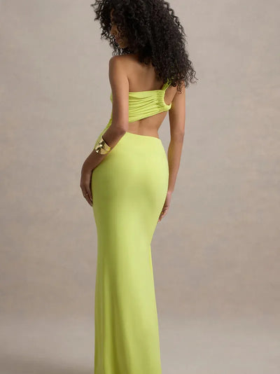 Back view of neon lime-green one-shoulder bodycon maxi dress with ruched bodice and floor-length silhouette.