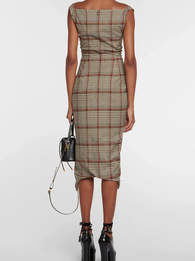 Asymmetric Plaid Sleeveless Ruched Midi Dress