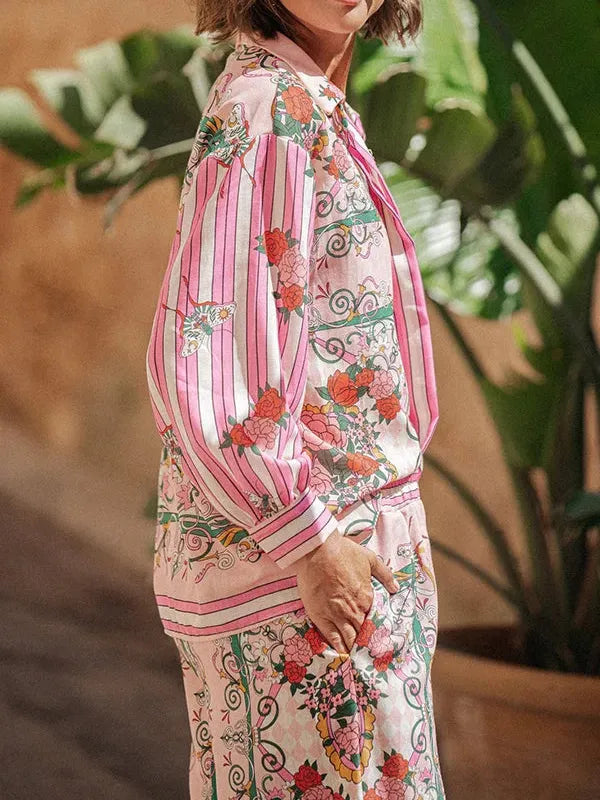 Floral Print Long Sleeve Shirt ＆ Wide Leg Pants Coord Set