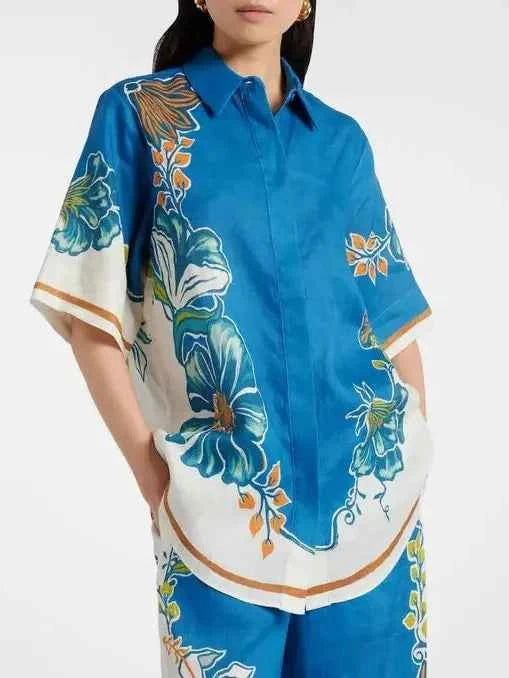 Floral Border Print Shirt & Wide-Leg Pants Set by Exclusives in blue.