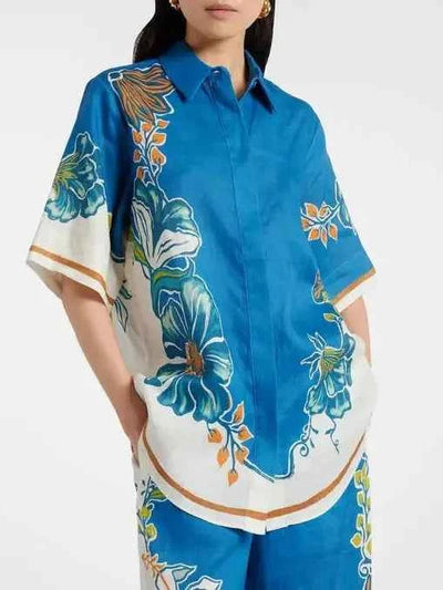 Floral Border Print Shirt & Wide-Leg Pants Set by Exclusives in blue.