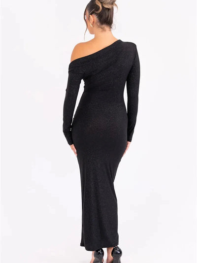 One Shoulder Shimmer Ruched Full Sleeves Maxi Dress