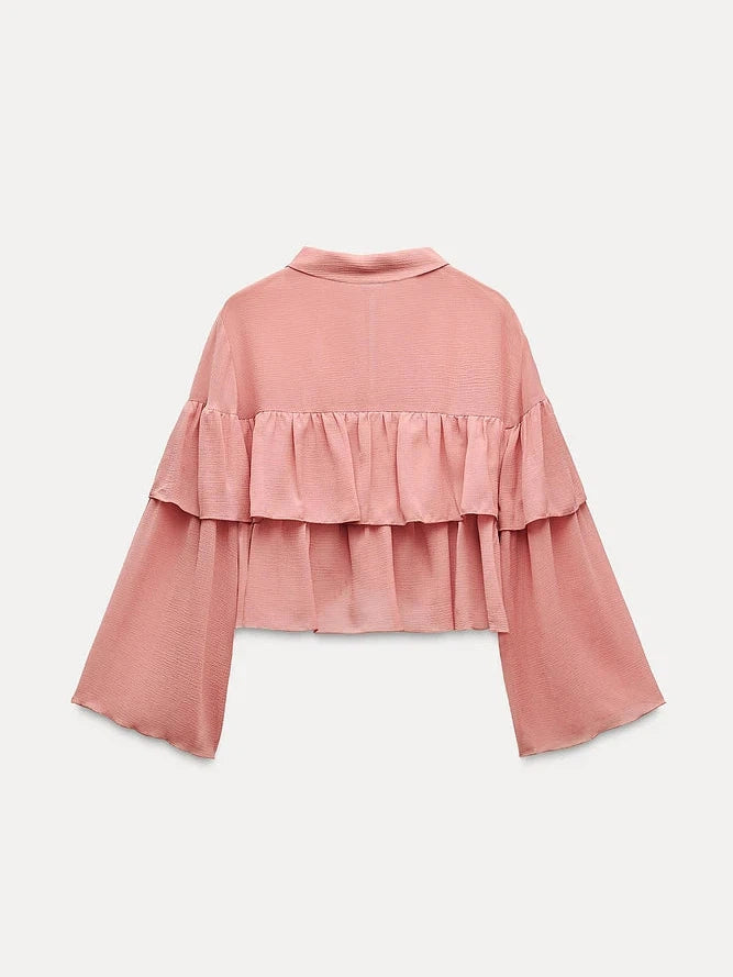 Drawstring Collar Ruffle Blouse Top