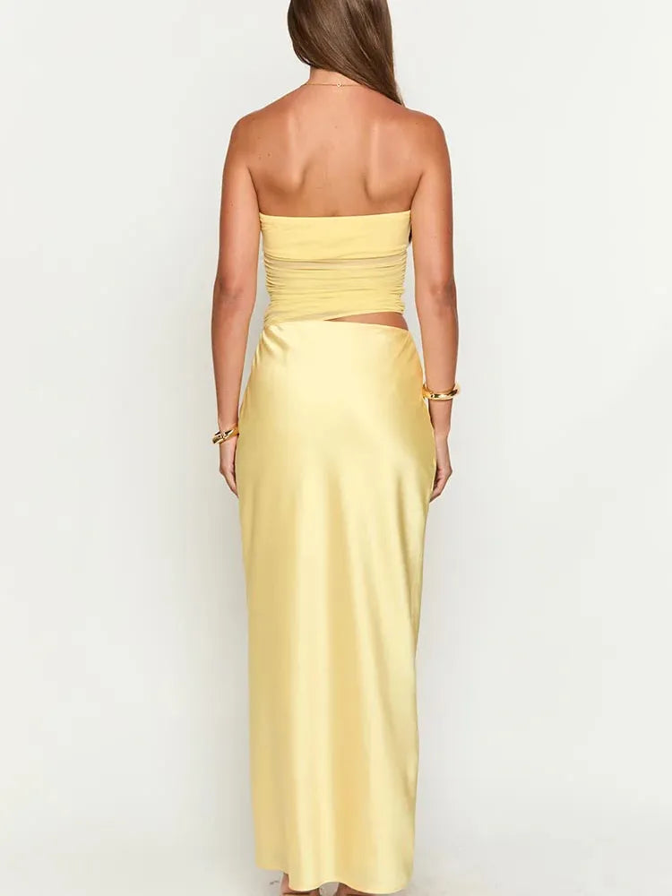 Tube Top Hollow Out Cutout Backless Satin Maxi Dress