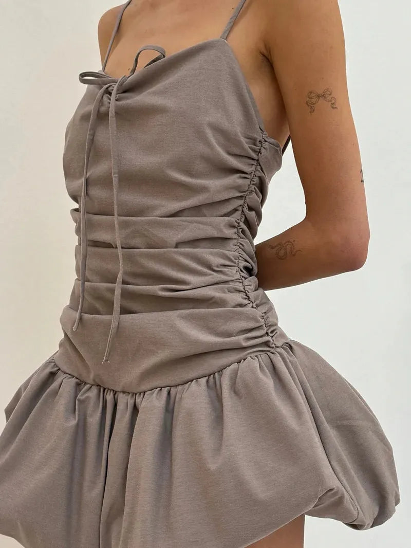Spaghetti Strap Ruched Bodice Puff Short Dress