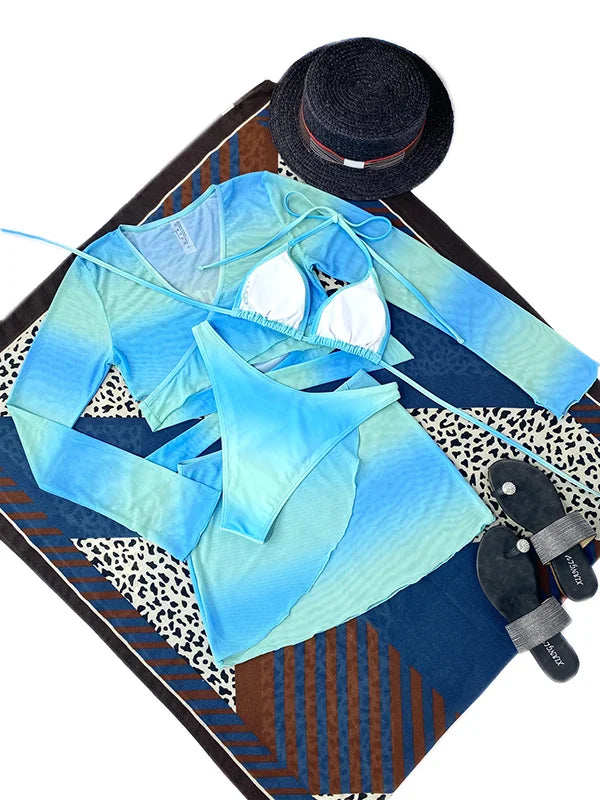 Blue Gradient Halterneck Bikini Swimsuit & Cover-Up Four-Piece Set