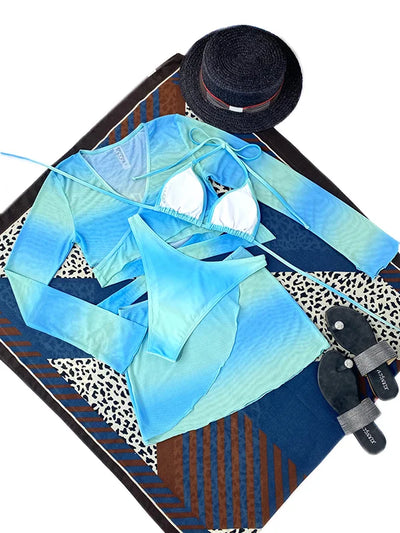 Blue Gradient Halterneck Bikini Swimsuit & Cover-Up Four-Piece Set