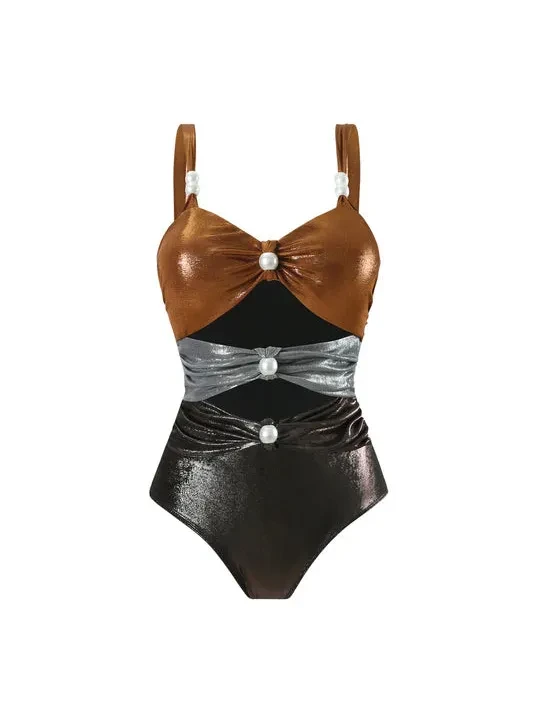 Metallic Tricolour Cut-Out Swimsuit & Ruched Skirt Set