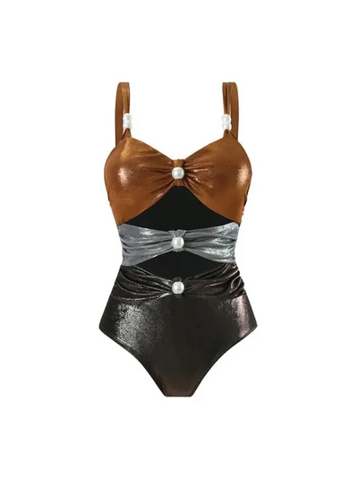 Metallic Tricolour Cut-Out Swimsuit & Ruched Skirt Set