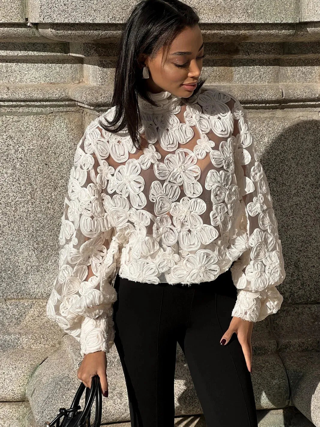 Turtle Neck Bell Sleeve Applique Flower See through Top