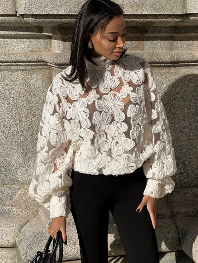 Turtle Neck Bell Sleeve Applique Flower See through Top