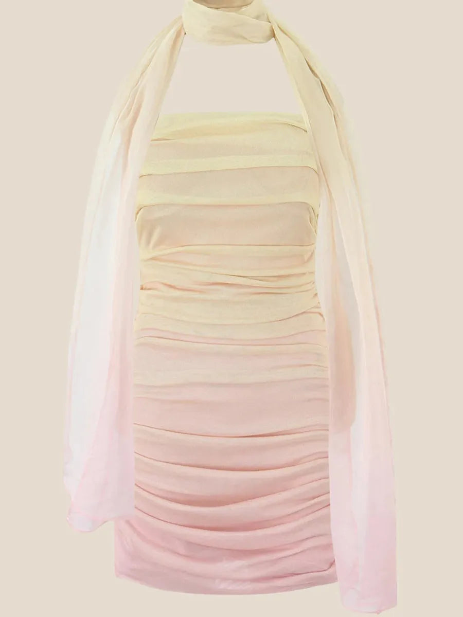 Gradient Short Tube Backless Dress with Scarf